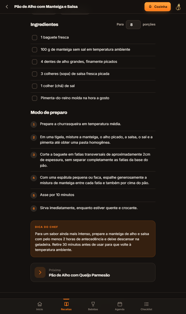 Cada receita com ingredientes, preparo e multiplicador de porções