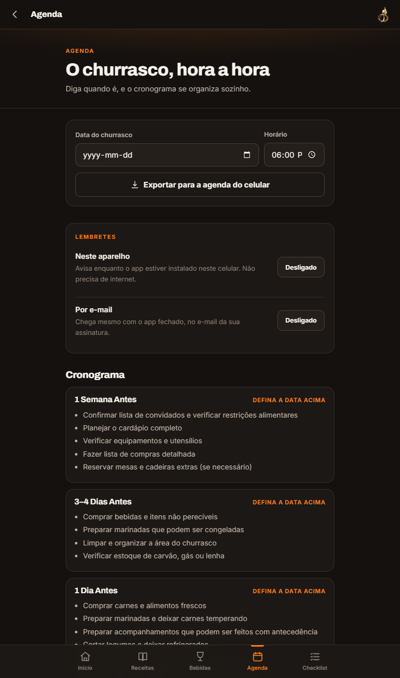 Cronograma pela data do churrasco, timers da grelha e datas quentes do ano