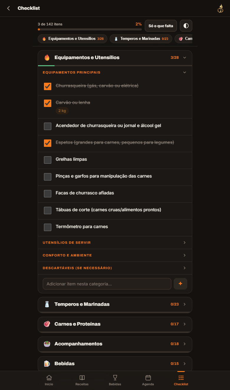 Checklist de 142 itens, com as quantidades pelo número de convidados